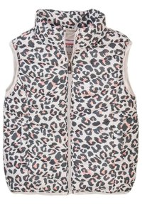 Gilet imbottito con colletto alto, caratterizzato da uno sfondo bianco e una stampa leopardata nera e rosa. Include una zip centrale e due tasche laterali.
