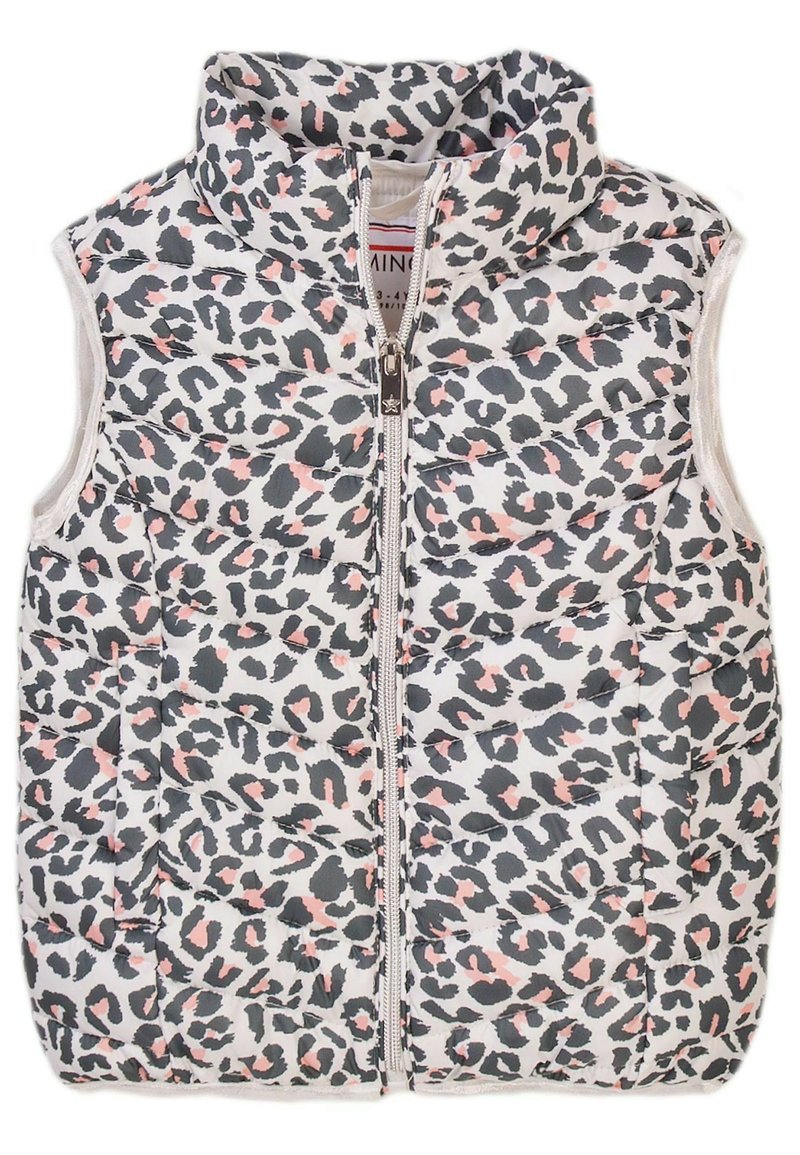 Gilet imbottito con colletto alto, caratterizzato da uno sfondo bianco e una stampa leopardata nera e rosa. Include una zip centrale e due tasche laterali.