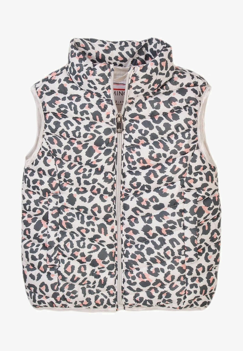 Gilet imbottito con colletto alto, caratterizzato da uno sfondo bianco e una stampa leopardata nera e rosa. Include una zip centrale e due tasche laterali.