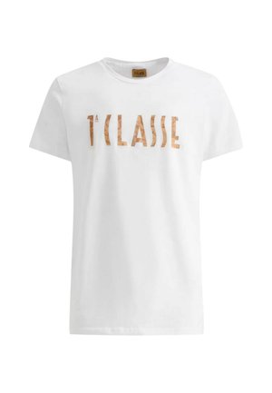T-shirt bianca in cotone con scritta "1a Classe" in un audace e testurizzato colore marrone chiaro. Design classico a girocollo con maniche corte.