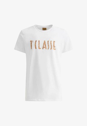 T-shirt bianca in cotone con scritta "1a Classe" in un audace e testurizzato colore marrone chiaro. Design classico a girocollo con maniche corte.