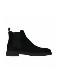 Zwarte suede enkellaarsjes met elastische zijpanelen, een lipje om aan te trekken, een ronde neus en een platte rubberen zool. Glad oppervlak zonder zichtbare patronen.