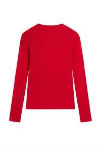 Rotes langärmliges Hemd aus glattem Baumwollstoff mit runder Ausschnittlinie, das ein einfaches und einfarbiges Design ohne Verzierungen aufweist.