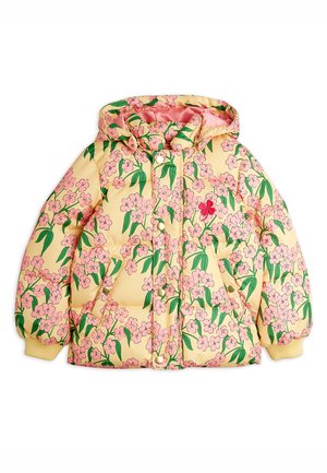 Padded jacket featuring a yellow background with pink floral patterns and green leaves, hooded design, snap-button closures, and elastic cuffs.