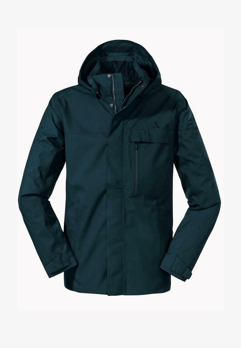 Veste à capuche imperméable vert foncé avec fermeture éclair à l'avant, boutons-pression, poche poitrine zippée et poignets ajustables.