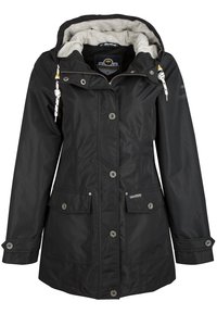 Chaqueta negra impermeable con capucha forrada de polar gris, botones de presión, cordones ajustables, dos bolsillos frontales y corte a la altura de la cintura.