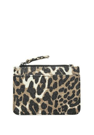 Petit portefeuille rectangulaire avec fermeture éclair et motif léopard marron, noir et blanc sur matière textile.