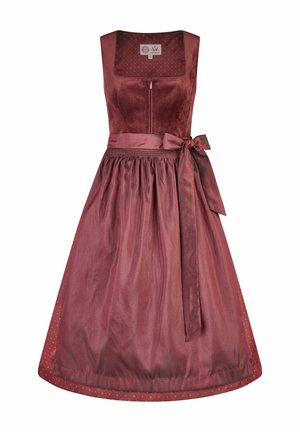 Bordeauxrotes traditionelles ärmelloses Kleid mit quadratischem Ausschnitt, Reißverschluss vorne, gerafftem Rock und passendem gebundenem Taillengürtel.