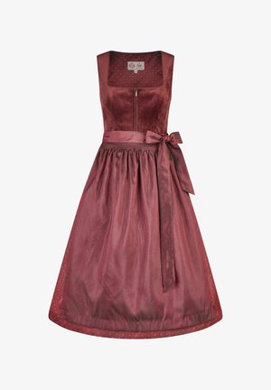 Burgundy traditional sleeveless dress with square neckline, zipper front, gathered skirt, and matching tied waist sash.