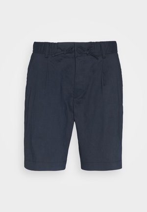 Navyblauwe linnen shorts met een elastische tailleband, een koordsluiting en twee voorplooien. Heeft een ontspannen pasvorm en omgeborde benen.