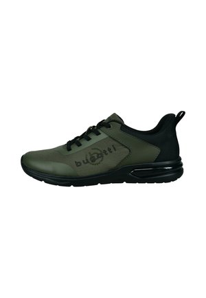 Dark green and black sneaker with black laces, "bugatti" logo on side, cushioned sole, and pull tab at the heel.