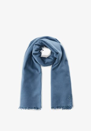 Blauer Schal aus weichem Stoff mit ausgefransten Kanten. Hat ein kleines gesticktes Blumenmuster in der Ecke. Geeignet für verschiedene Styling-Optionen.