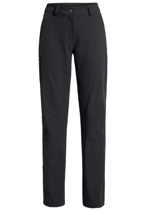 Black softshell pants featuring a button closure, side pockets, and articulated knees for mobility. Smooth texture and straight-leg design.