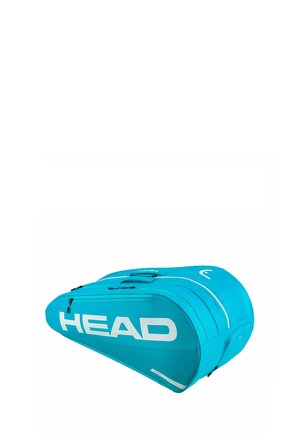 Blauwe HEAD sporttas met meerdere ritssluitingen, ontworpen om rackets en sportuitrusting te dragen.