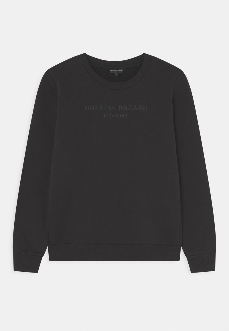 Sweat-shirt noir avec un col rond, des poignets et un ourlet côtelés. Le devant présente un texte ton sur ton "BRUUNS BAZAAR HOMME." Texture douce.