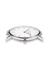 Orologio in acciaio inox argentato con quadrante bianco, indicatori di ore sottili, una piccola corona e un design minimalista. Non sono presenti numeri.