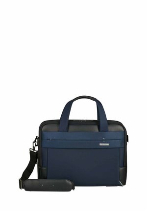 Marineblaue und schwarze Laptop-Tasche mit doppelten Griffen, vorderer Reißverschlusstasche und verstellbarem Schultergurt mit gepolstertem Abschnitt.