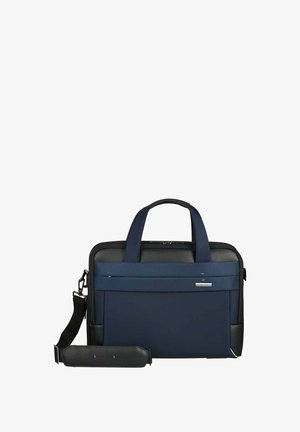 Marineblaue und schwarze Laptop-Tasche mit doppelten Griffen, vorderer Reißverschlusstasche und verstellbarem Schultergurt mit gepolstertem Abschnitt.