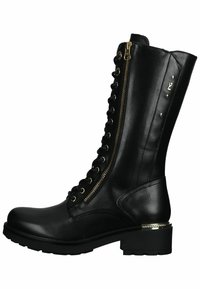 Black leather knee-high boots featuring a lace-up front and a side zipper, with gold accents and a chunky heel for stability.