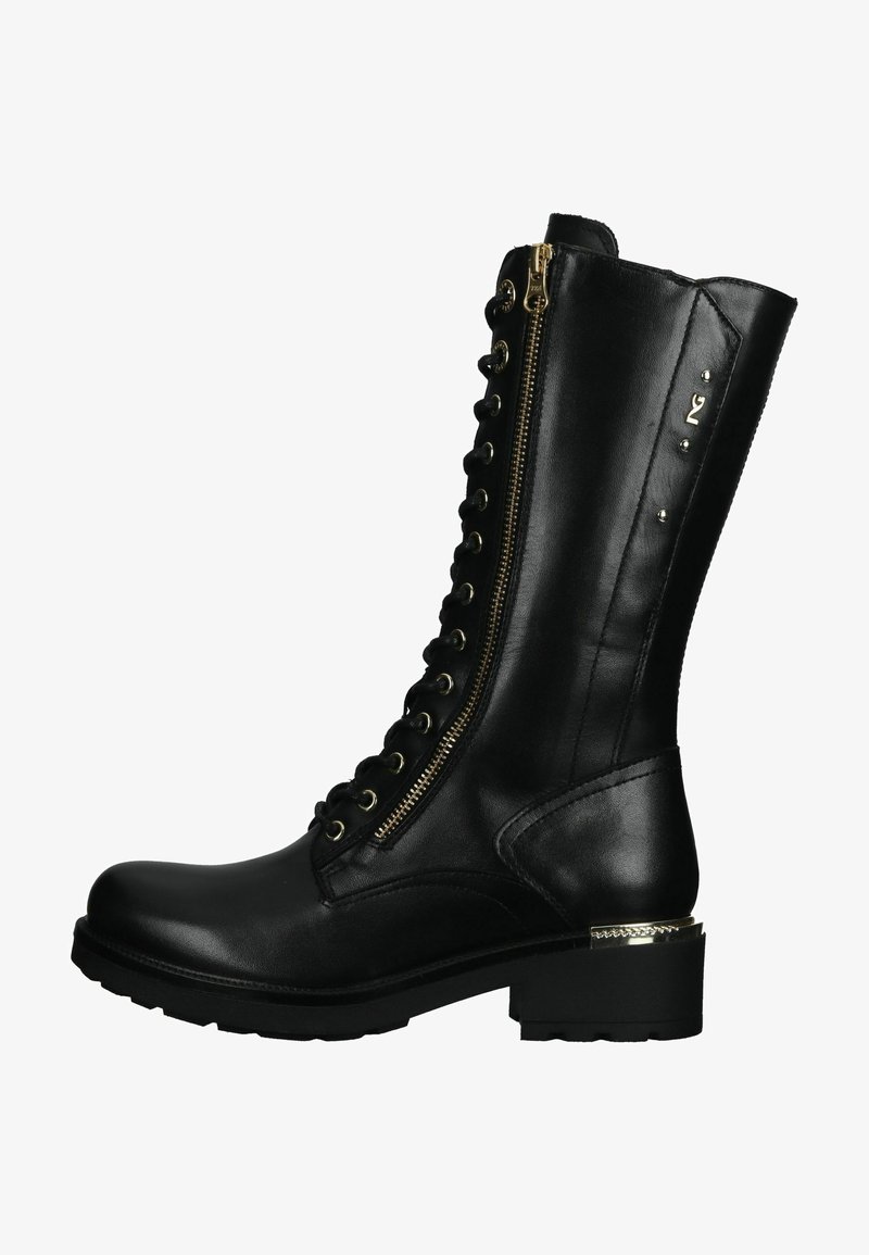 Black leather knee-high boots featuring a lace-up front and a side zipper, with gold accents and a chunky heel for stability.
