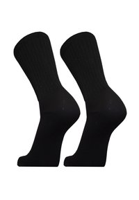 Black socks with ribbed texture, closed toe, and reinforced heel. Made of soft material for comfort, featuring a classic design.