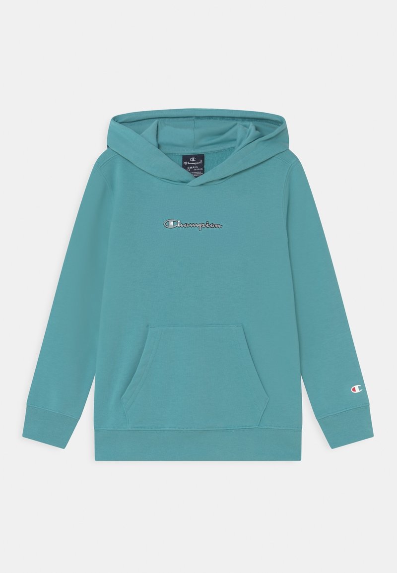 Felpa con cappuccio di colore verde acqua, realizzata in un materiale morbido, con tasca frontale, polsini a coste e un piccolo logo ricamato sul petto.