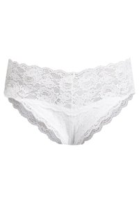 Fehér csipke bikini alsó, hullámos sz�élekkel, virágmintával. Texturált csipke anyagból készült, kiemelve a bonyolult részleteket.