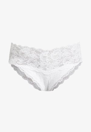 White lace bikini panties with scalloped edges, featuring a floral pattern. Made from textured lace material, highlighting intricate detailing.