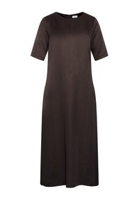 Robe marron longueur genou avec manches courtes et encolure ronde, avec une coupe droite et simple et une fermeture éclair au dos.