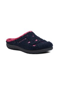 Pantofole slip-on blu navy con un tessuto morbido e testurizzato e accenti rosa. Presentano motivi ritagliati e una suola in gomma nera per una migliore aderenza.