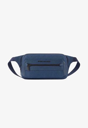 Marsupio di colore blu navy realizzato in tessuto testurizzato, con tasca frontale con zip e spallacci regolabili. Forma rettangolare con un design minimalista.