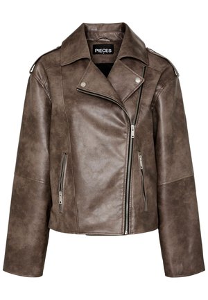 Brown faux leather motorcycle jacket with an asymmetrical zip, two side pockets, wide collar, and shoulder epaulets.