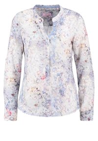 Chemise à manches longues florale en tissu léger, dotée de boutons, d'un col rond et d'une palette de couleurs pastel avec des accents bleus et roses.