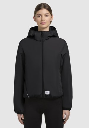 Zwarte, lichtgewicht jas met een capuchon, voorzien van een ritssluiting aan de voorkant, elastische boorden en een cropped ontwerp. Getextureerde stof met een matte afwerking.