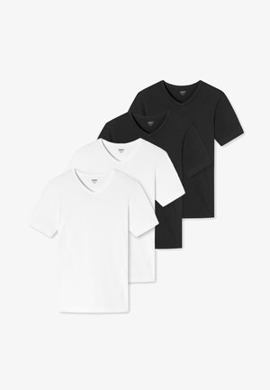 Vier V-Ausschnitt-T-Shirts in Weiß und Schwarz. Kurzarm, normale Passform, aus weichem Baumwollstoff. Einfaches Design ohne Muster oder Akzente.
