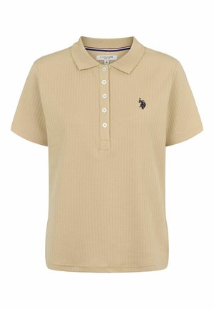 Beige geribbelde poloshirt met korte mouwen, vijfknopenssluiting en geborduurd logo in het zwart op de linkerborst. Zachte stoftextuur.