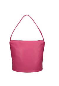 Borsa a spalla in pelle rosa con una texture liscia, chiusura a zip e un manico curvo singolo per una facile portabilità.