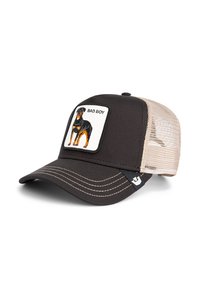 Gorra negra con parte trasera de malla beige, que presenta un parche bordado de Rottweiler etiquetado como "BAD BOY". Detalles cosidos en blanco en la visera.