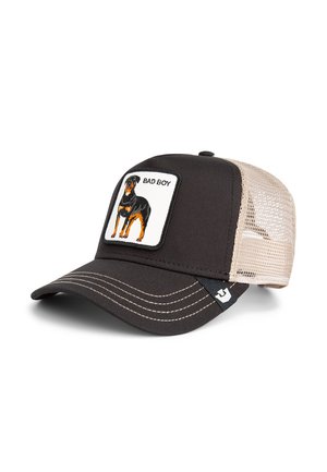 Black cap with mesh beige back, featuring an embroidered Rottweiler patch labeled "BAD BOY." Stitched details in white on the brim.