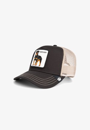 Black cap with mesh beige back, featuring an embroidered Rottweiler patch labeled "BAD BOY." Stitched details in white on the brim.