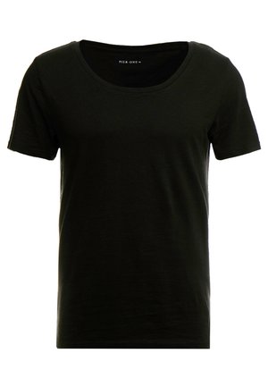 Black short-sleeved T-shirt featuring a scooped neckline, soft texture, and a relaxed fit. Made from lightweight, breathable material.