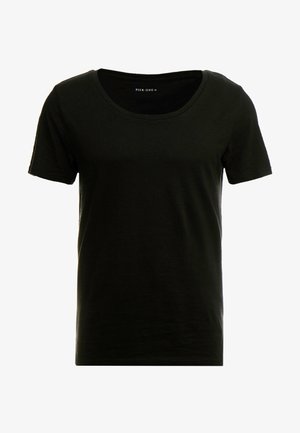 Schwarzes T-Shirt mit kurzen Ärmeln, runder Ausschnitt, weichem Material und lockerer Passform. Hergestellt aus leichtem, atmungsaktiven Material.