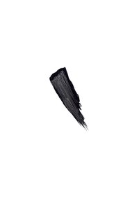 Trace de brosse de mascara noir, légèrement courbée, présentant une texture linéaire fine et une finition dense et brillante sur fond blanc.