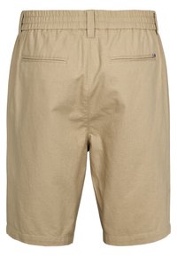 Bežové šortky s elastickým pásom, dvoma zadnými vreckami a hladkým, textúrovaným materiálom. Navrhnuté pre pohodlie a voľnočasové nosenie.