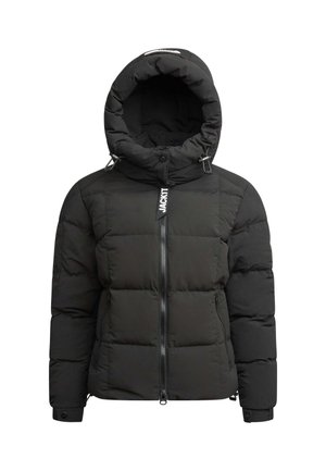 Černá péřová bunda s velkou kapucí, zipem vpředu, dvěma bočními kapsami a elastickými manžetami. Na přední straně je logo.