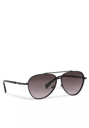 Occhiali da sole aviator con montatura in metallo nero, lenti grigie scure a gradiente, nasalini per il comfort e un design elegante e minimalista.