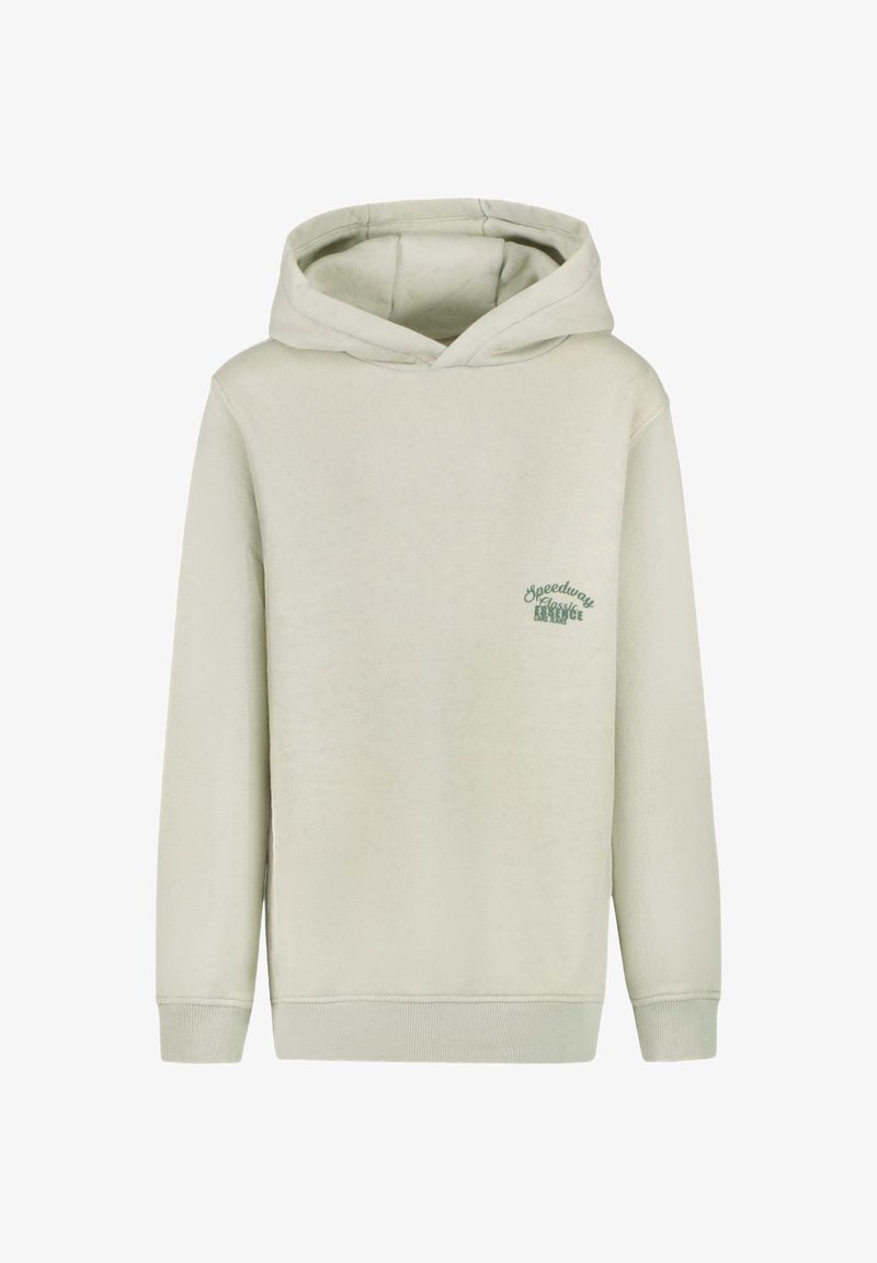 Lichtgroene hoodie gemaakt van zacht materiaal. Heeft een voorste kangaroozak, ribbelboorden en een geborduurd logo in donkerder groen op de borst.