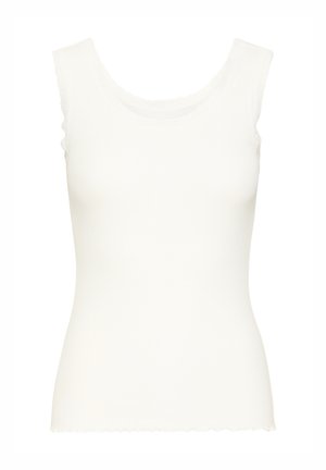 Top bianco senza maniche, aderente, con scollo tondo e bordi smerlati sulle maniche e sull'orlo.
