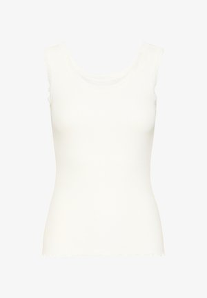 Witte mouwloze aansluitende top met een ronde halslijn en geschulpte randen aan de mouwen en zoom.