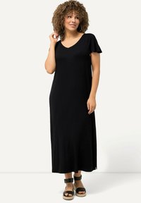 Ulla Popken - CAP SLEEVE V-NECK MIDI  - Trikoomekko - black Pienoiskuva 1